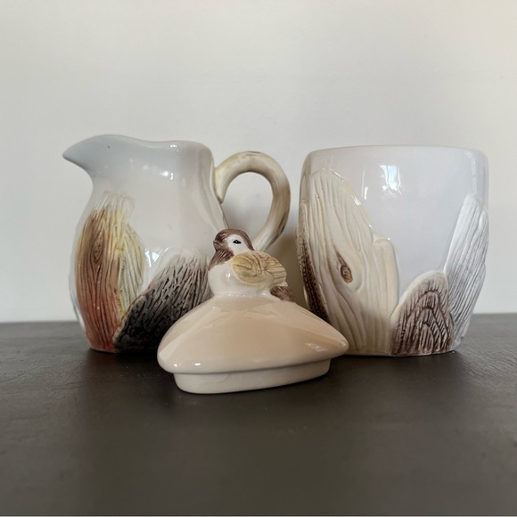 Sugar Bowl & Creamer Set with Faux Bois & Bird Nature Lover Dishes - Picture 4 of 5